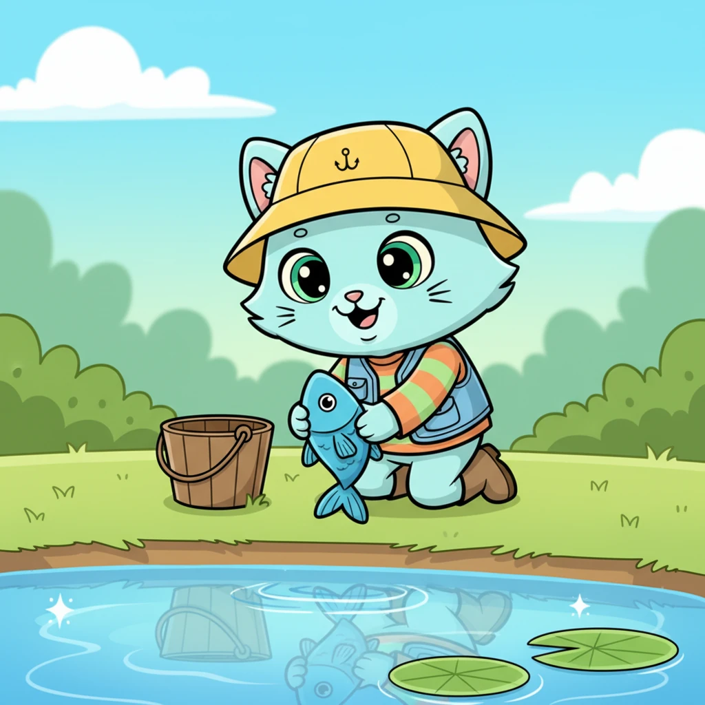 Milo looked at the beautiful fish, then at his empty bucket. He smiled, gently thanked the fish for the exciting game, and carefully released it back into the cool pond. Milo felt happy and proud, knowing the best catch was the joy of the adventure itself.