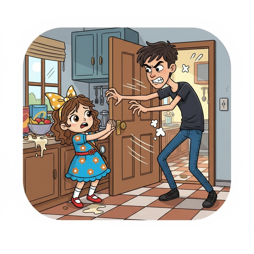 Suddenly, the kitchen door burst open, and a figure from Sarah's past, Scott, stormed in, his face contorted with rage. He lunged towards her, his voice a torrent of accusations and threats. Fear gripped Sarah as she realized the pleasant morning had shattered, replaced by a terrifying confrontation.