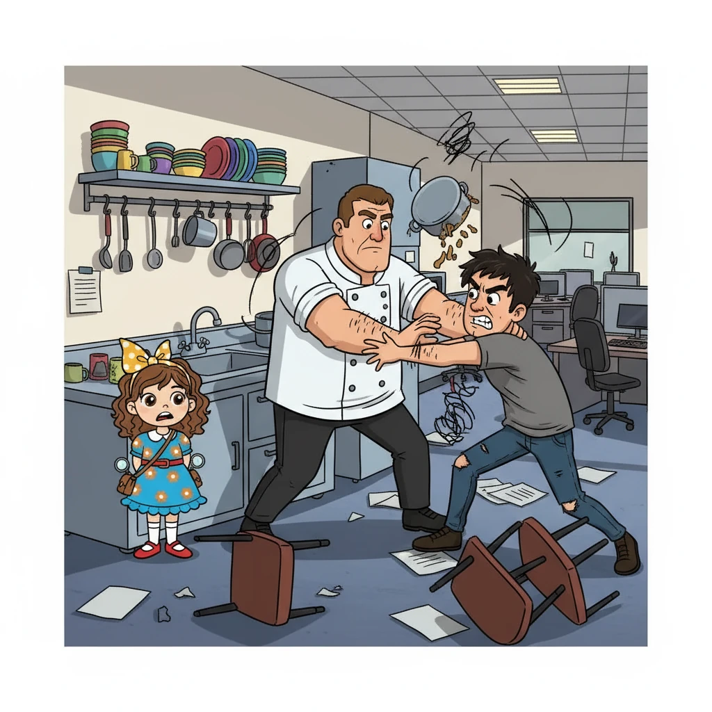 Ed, the manager, hearing the commotion, rushed into the kitchen, attempting to intervene and protect Sarah. A violent struggle erupted between Ed and Scott, the air thick with tension and the sounds of a physical altercation. The office, once a place of productivity, became a battleground of clashing bodies and desperate cries.