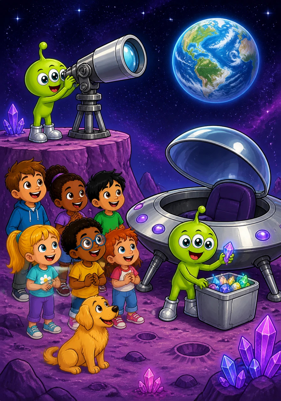 Zip peered through his giant telescope on the purple planet Xylos, fascinated by the swirling blue marble called Earth. He packed his favorite glowing crystals and hopped into his shiny, silver saucer, ready for the adventure of a lifetime.