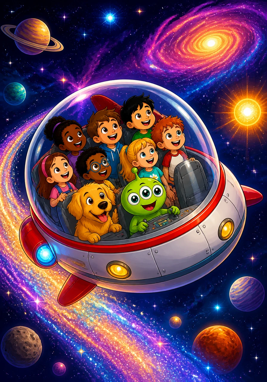 The small spaceship zoomed through the velvet darkness of space, leaving a trail of glittery stardust behind it. Zip watched through the glass dome as colorful nebulae and distant suns passed by like shimmering jewels.