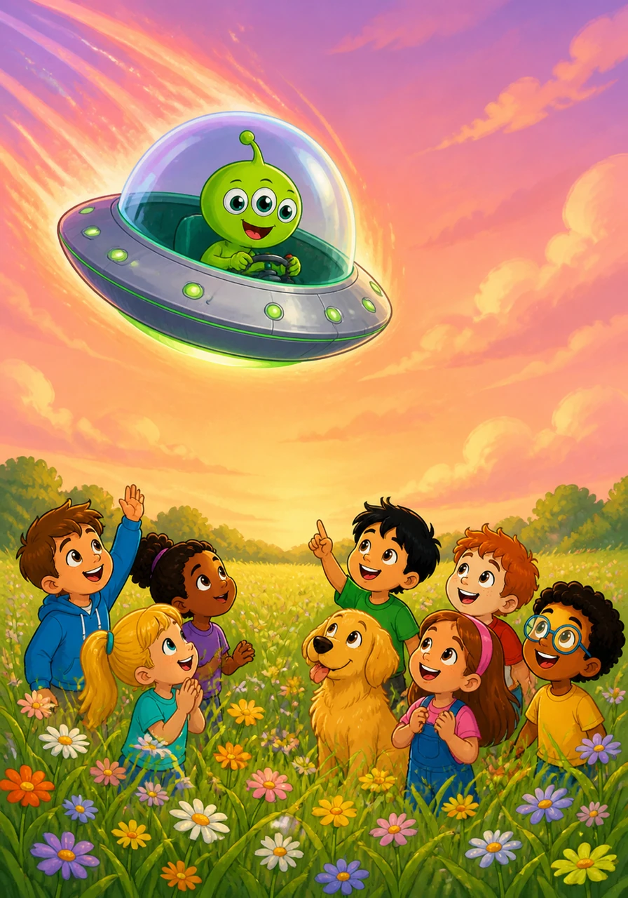 As Zip entered Earth's atmosphere, the sky turned a beautiful shade of pink and orange. He steered his saucer gently toward a soft, green meadow filled with waving wildflowers and tall, swaying grass.