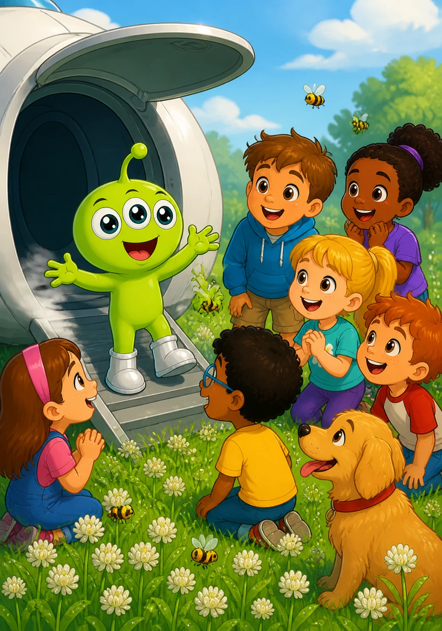 The hatch of the spaceship hissed open, and Zip stepped out onto the cool, dewy grass for the very first time. He marveled at the sweet smell of blooming clover and the gentle hum of bees buzzing in the afternoon sun.