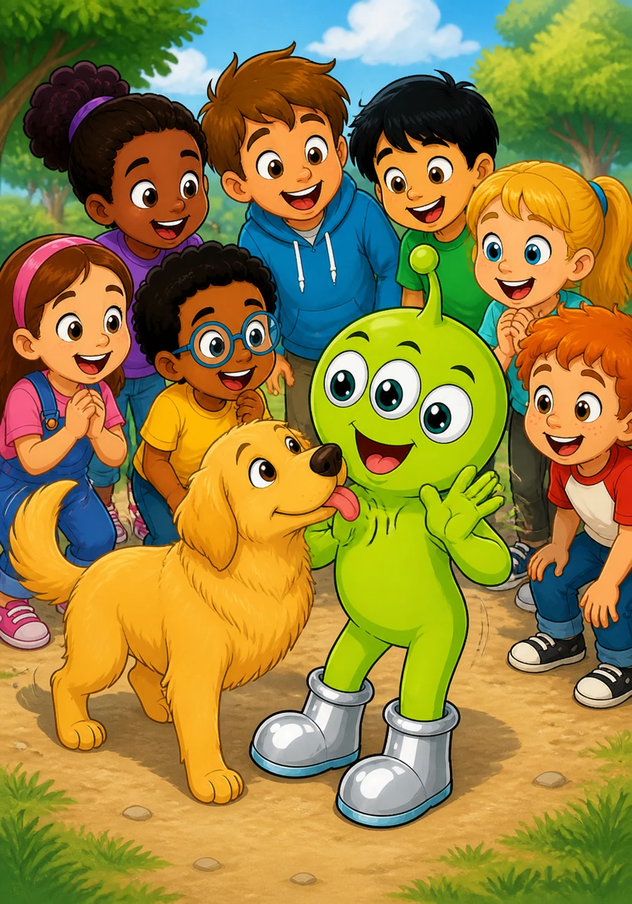 A friendly Golden Retriever named Barnaby trotted over, wagging his tail and sniffing Zip’s metallic boots. Zip giggled as the dog gave him a big, wet lick, realizing that Earth creatures were much fuzzier than anyone back home.