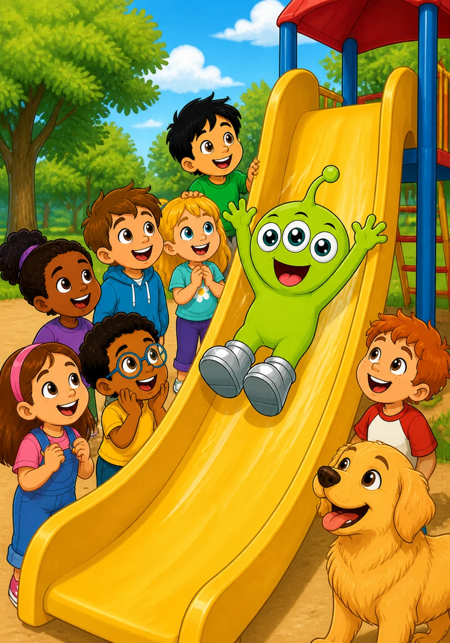 In a nearby park, Zip discovered a tall, yellow slide and decided to give it a try. He whooshed down with his hands in the air, his three eyes wide with excitement and his antenna wiggling with pure joy.