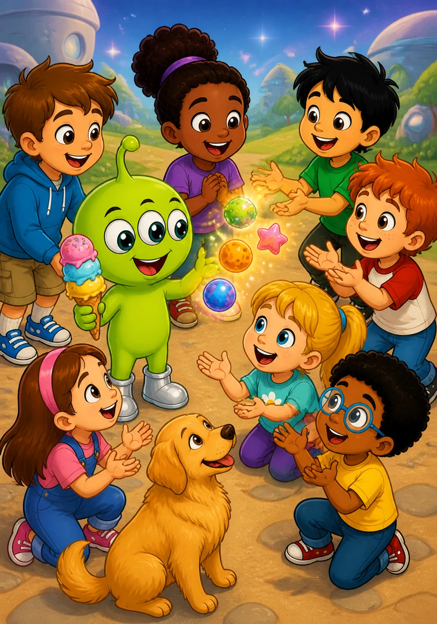 A group of curious children gathered around, offering Zip a colorful ice cream cone that felt cold and sweet. In return, Zip shared his glowing space snacks, which floated gently in the air before being caught by his new friends.