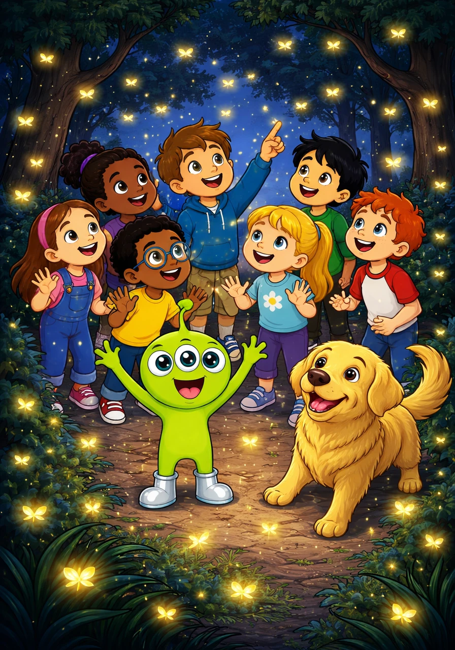 As night fell, Zip watched in wonder as hundreds of tiny fireflies began to dance in the shadows of the trees. He thought they were miniature stars that had come down to Earth just to play with him in the dark.