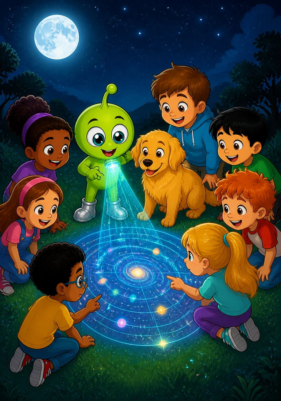 Under the light of the full moon, Zip projected a shimmering holographic map of his galaxy onto the grass for the children to see. They pointed at the stars and laughed, realizing that even though they were from different worlds, they shared the same sky.