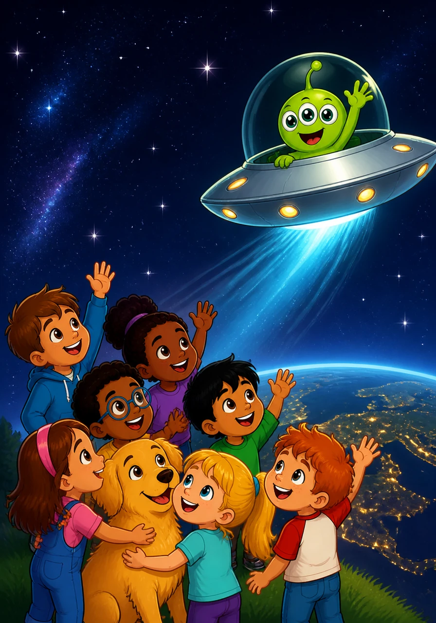 When it was time to leave, Zip hugged his friends and climbed back into his silver saucer. As he soared back into the stars, he looked down at the glowing lights of Earth, knowing he had found a second home.