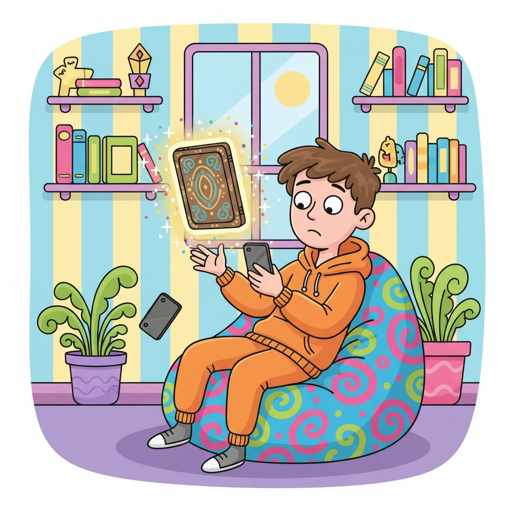 Leo, a bright-eyed teenager, slumped on a vibrant beanbag chair, scrolling through his phone with a bored expression. He felt a bit lost, wondering what truly mattered in a world full of fleeting trends. Suddenly, a glowing, ancient-looking tablet floated gently into his view, catching his attention with a soft hum and a swirl of sparkling light. This unexpected spark reminded him that real wisdom isn't just about knowing facts, but always wanting to learn more, exploring every question as a doorway to adventure for his mind. The colorful, whimsical room around him seemed to whisper, "What new thing could you learn today that might change your tomorrow?"