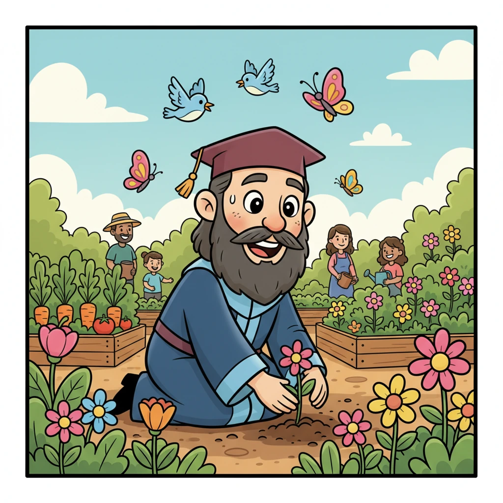 Inspired, Leo energetically worked on a community garden project, planting colorful flowers and vegetables. Success wasn't just luck; it was about putting in the work, even when it was tough, and he poured his heart into it. A wide, cheerful grin spread across his face as he felt the super reward of satisfaction, sweat beading lightly on his forehead. Cartoon birds and butterflies fluttered around him in the bright, sunny setting, as other simplified, diverse characters happily worked alongside him. He thought, "When have you felt truly proud of something you worked hard to achieve?"