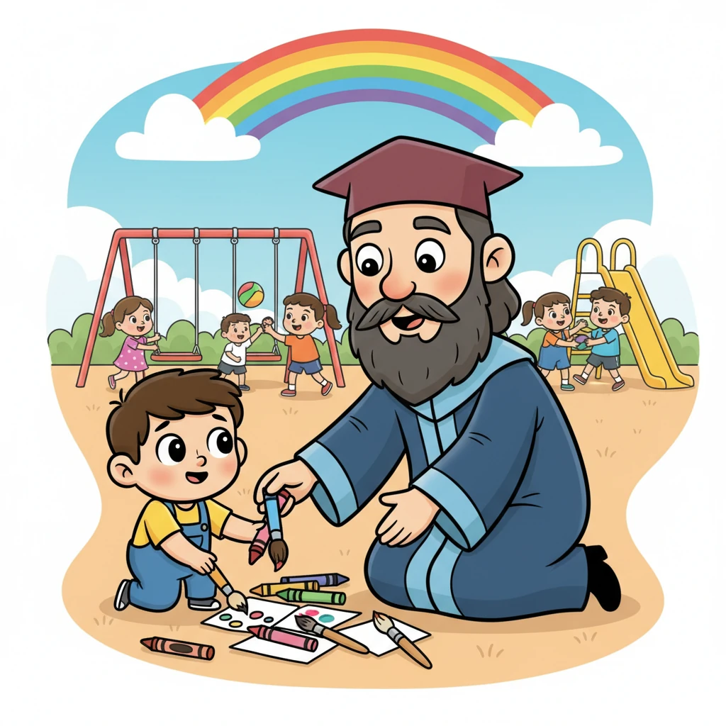 Leo found himself gently helping a smaller, shy child pick up spilled art supplies. Being a great human meant looking out for everyone, not just himself, and a kind word or a helping hand could light up someone's whole day. The child looked up at Leo with wide, grateful eyes, meeting his warm, understanding smile. In the background, other children played happily in a vibrant, cartoonish schoolyard, filled with bright colors and playful shapes, with a rainbow arch stretching across the sky. He wondered, "How can you use your unique talents to make someone else's day a little better?"