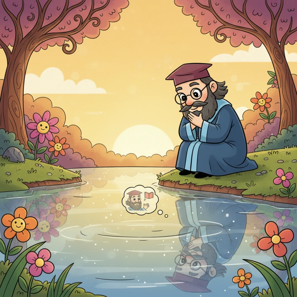 Later, Leo sat quietly by a calm, sparkling pond, gazing at his reflection. It was okay to make mistakes; that's how we learn, and taking time to think about what went well and what could be better helped him grow into an even stronger, wiser version of himself. His reflection showed not just his face, but also a tiny, almost transparent thought bubble above his head depicting a past moment where he learned a lesson, his expression thoughtful and serene with a slight, knowing smile. The pond was surrounded by whimsical, stylized trees and flowers under a soft, golden sunset. He pondered, "What's one thing you've learned about yourself recently, and how will it help you grow?"