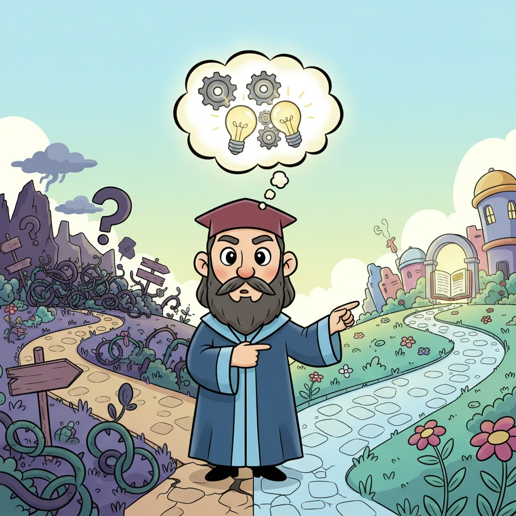 Leo stood at a crossroads, literally, with two whimsical paths diverging before him. One path was tangled and chaotic, while the other is clear and inviting. Before reacting impulsively, he used his brain to understand the situations and solve problems, making smart choices instead of just going with the flow. He held a glowing thought bubble above his head, filled with gears and lightbulbs, symbolizing active thought, his expression focused and determined. The background featured exaggerated, colorful landmarks representing different choices or outcomes. He asked himself, "Before making a big decision, what steps can you take to think it through wisely?"