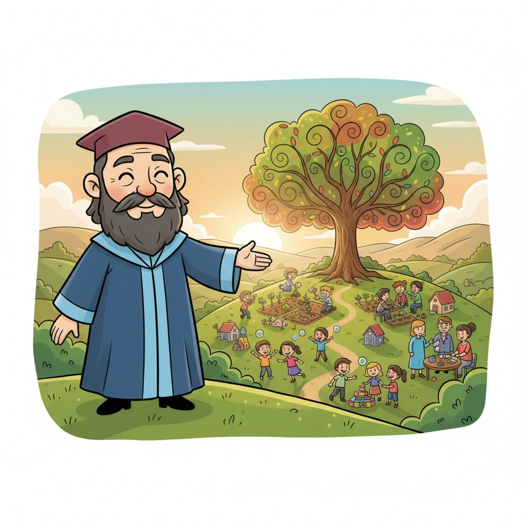 An older, wiser Leo stood on a vibrant hilltop, looking out at a bustling, joyful community he helped shape. Every choice he made, every kind word he shared, every effort he put in, added up to who he was and the positive mark he left on the world. Children played, people collaborated, and a magnificent tree, symbolizing growth and wisdom, stood tall in the center. Leo had a gentle, proud smile, his hand extended as if inviting the viewer to join in, the entire scene bathed in warm, glowing light, full of movement and happiness. He knew his life told a story filled with purpose and positive impact, and urged others to consider, "What positive legacy do you hope to create for your community and the world?"