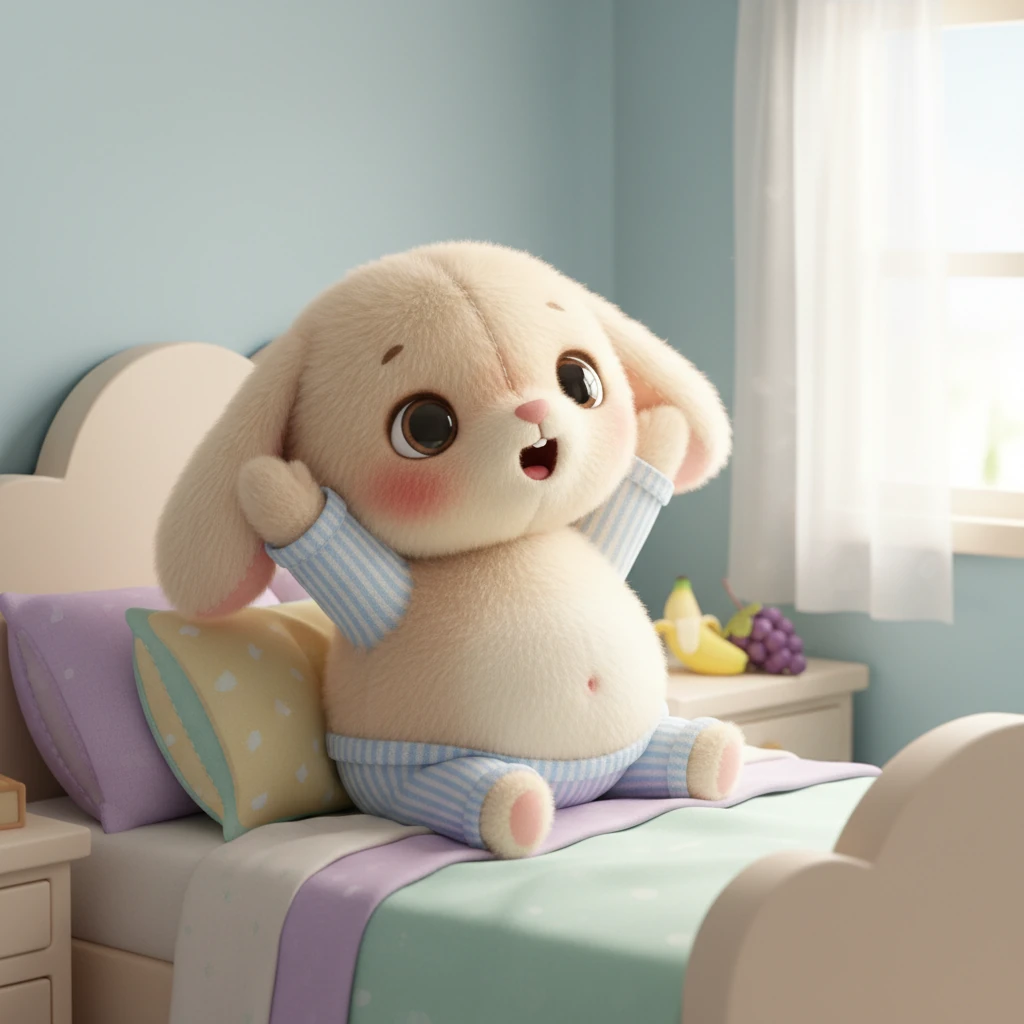 Milo, a fluffy, round little creature with big, curious eyes, wakes up in his cozy, pastel-colored bed. His tummy rumbles softly, telling him it's time for a yummy breakfast. He stretches his tiny, plush arms, ready to explore the world for delicious treats.
