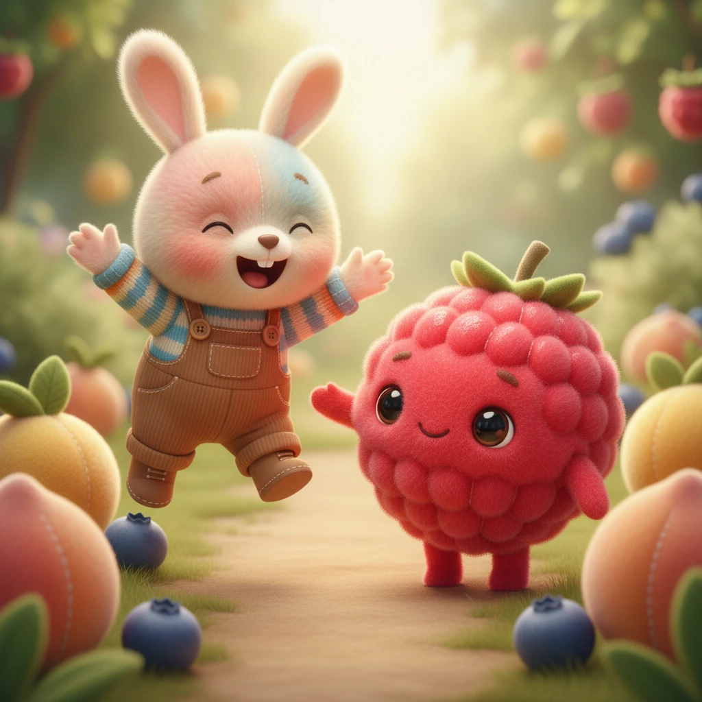 Milo tumbles into a garden filled with vibrant, plump fruits. He giggles as he meets Rosie the Raspberry, a round, fuzzy berry with a sweet smile. Rosie tells Milo how fruits give him energy to play all day long, showing him her shiny, red skin.