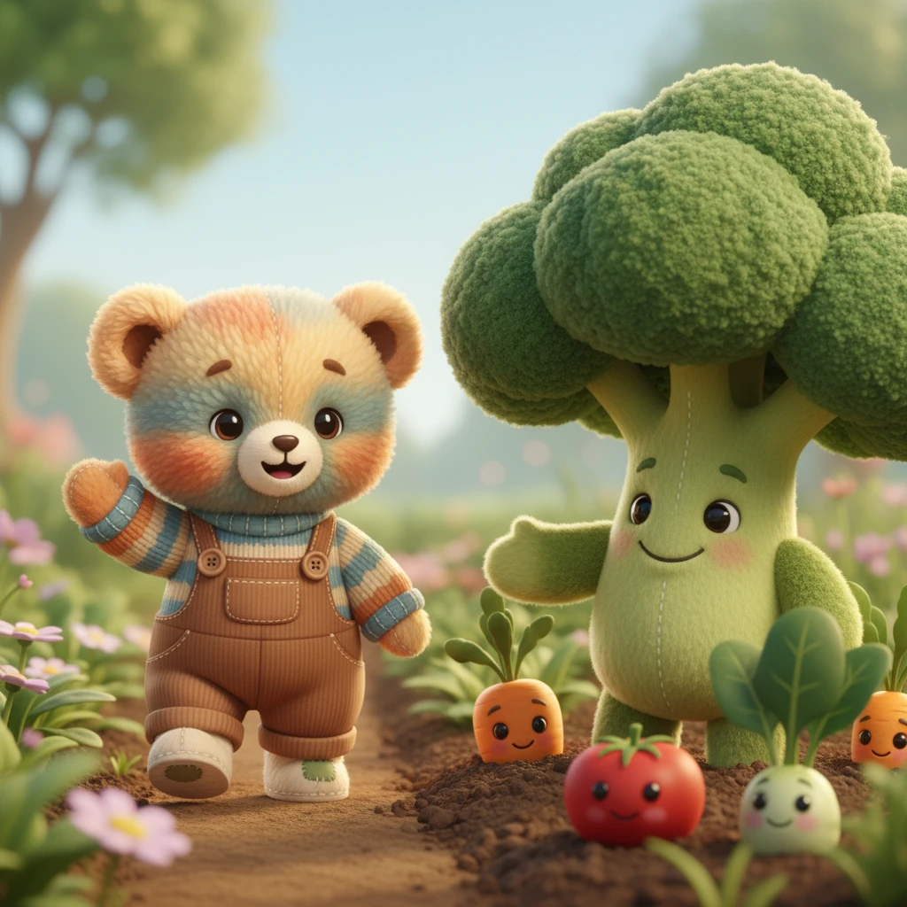 Next, Milo waddles to a patch of cheerful vegetables. He waves hello to Bernie the Broccoli, a soft, green, tree-like character with a friendly grin. Bernie explains that veggies help him grow big and strong, making his bones happy and healthy.