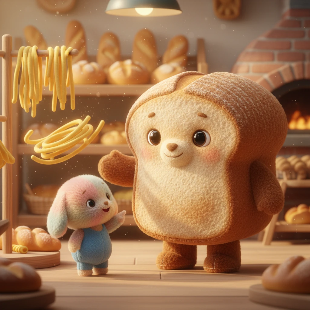 Milo then discovers a warm, inviting bakery where fluffy loaves of bread and shiny pasta twirl. He meets Graham the Grain, a cozy, brown loaf with a comforting aroma. Graham teaches Milo that grains are like fuel for his body, keeping him warm and full for adventures.