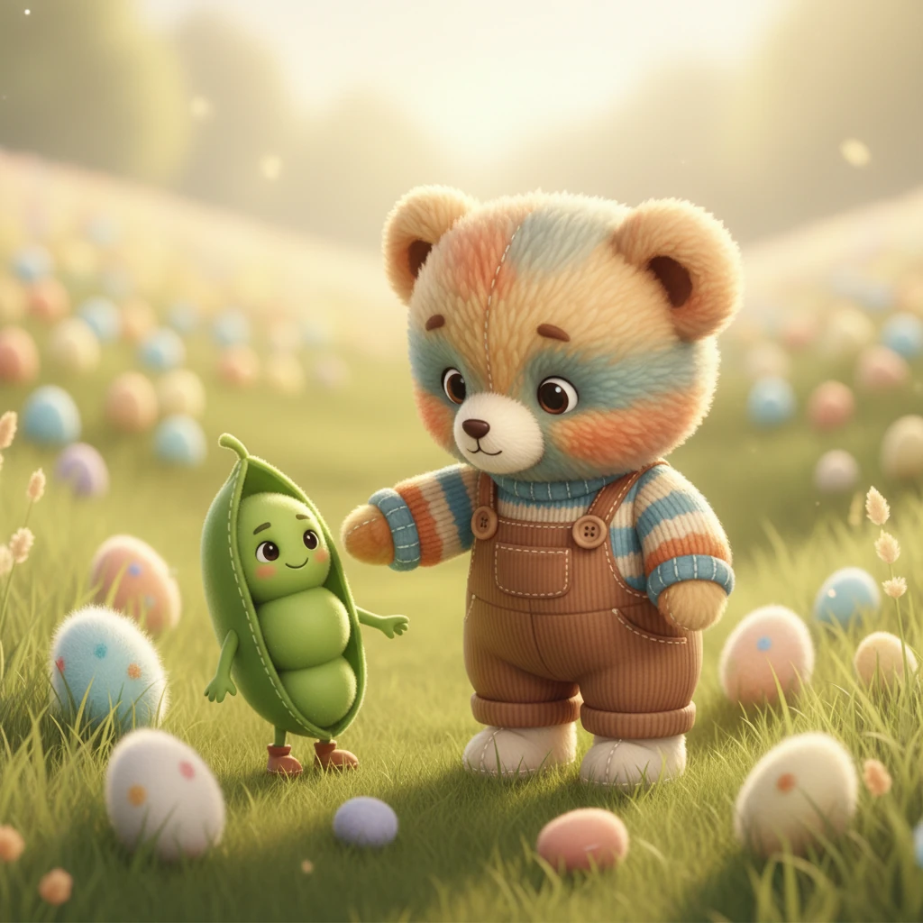 In a cozy, sunlit meadow, Milo spots some bouncy beans and fluffy eggs. He greets Penny the Protein Pea, a little green pea pod with a determined smile. Penny tells Milo that proteins build strong muscles, helping him run and jump and explore.