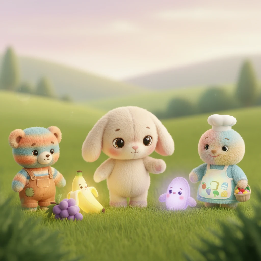 Milo gathers all his new food friends, who glow with soft, pastel colors. He looks at Rosie, Bernie, Graham, Daisy, and Penny, understanding how each one is special. Together, they make a rainbow of health, ready to fill his tummy with goodness.