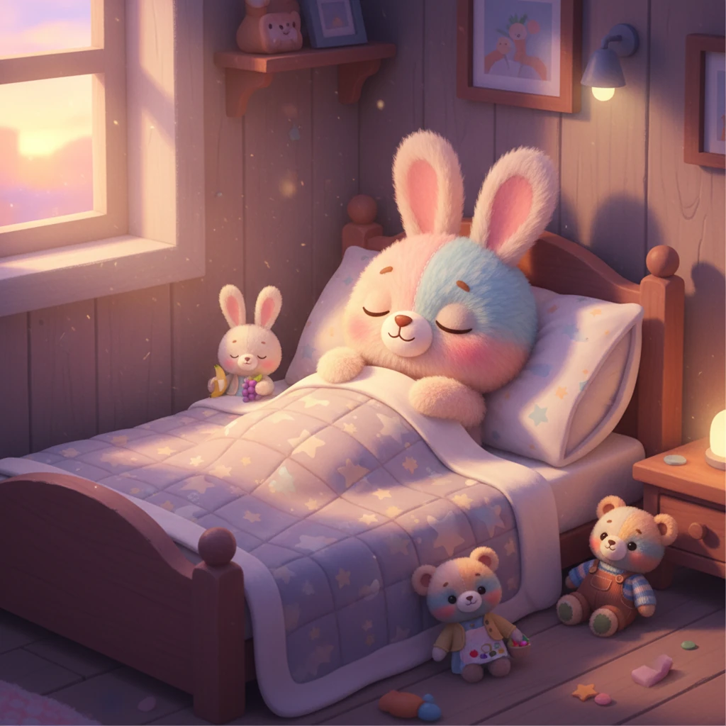 As the sun sets in soft, orange and pink hues, Milo snuggles back into his bed, his tummy full and his heart happy. He dreams of more colorful, delicious adventures with his wonderful food friends, knowing he'll always eat to grow and play.