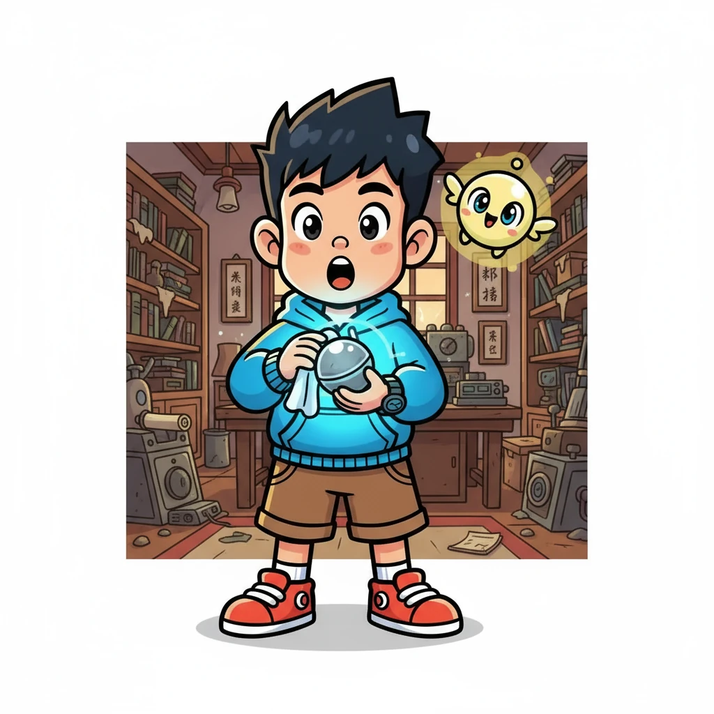 当小智擦掉金属球上的灰尘时，它突然发出柔和的蓝光，并悬浮起来。 一个清脆的声音在他脑中响起：“识别到生命特征，绑定启动。你好，我是高级通用人工智能——小灵。” 小智惊讶地睁大了眼睛，不知道发生了什么。