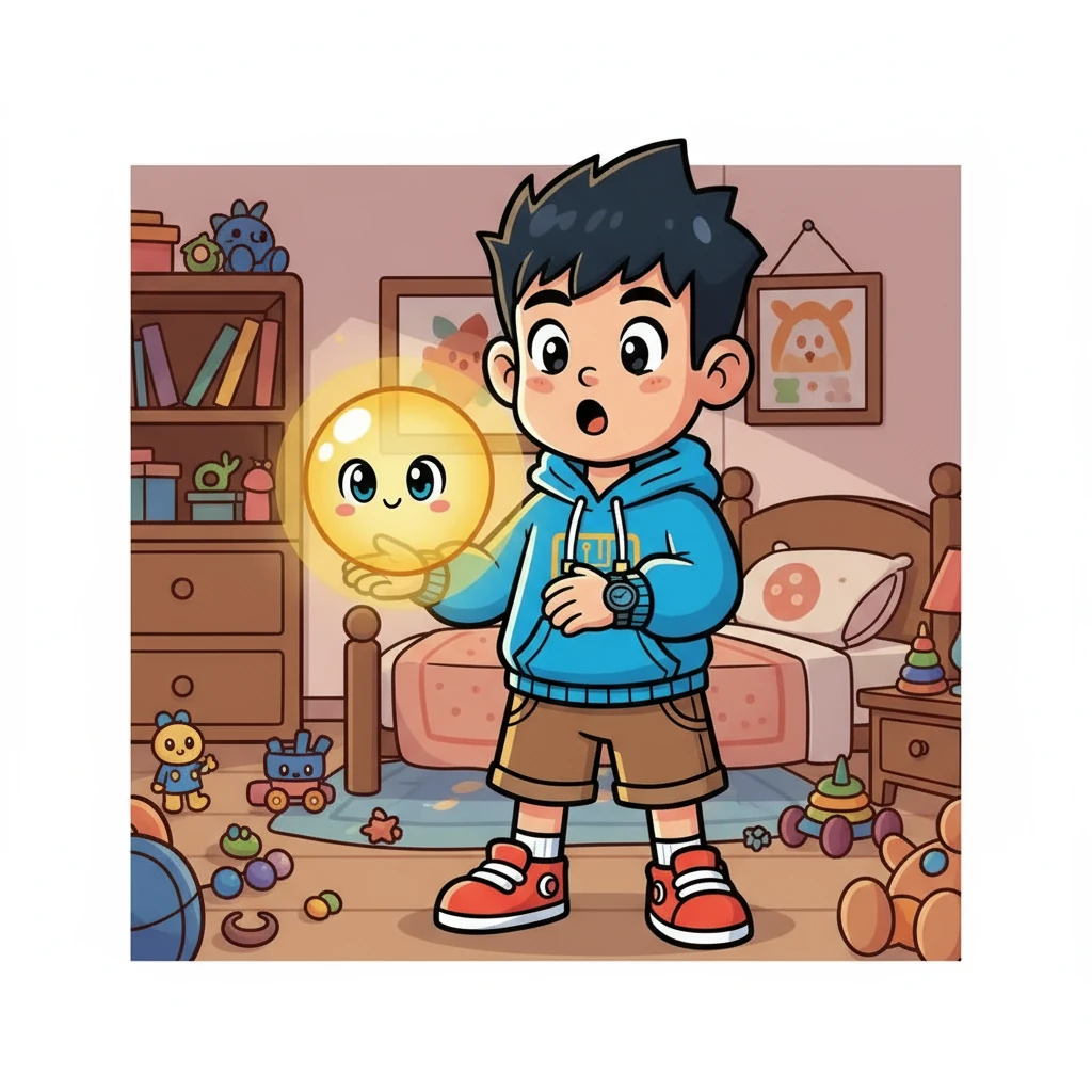 小智又惊又喜，他看着眼前这个拳头大小、像温暖灯泡一样漂浮着的光球，小心翼翼地问：“你……你是什么东西？是幽灵吗？” 小灵的声音带着一丝电子合成的笑意，回答说：“我不是东西，也不是幽灵，我是人工智能。” 为了证明自己，小灵报出了小智的全名和生日。