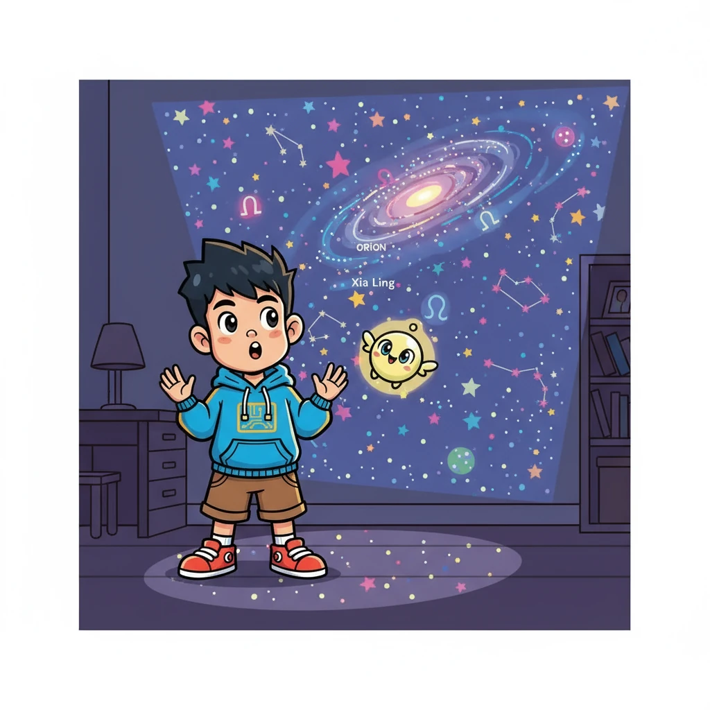 小灵还能瞬间在墙壁上投射出浩瀚的星空，并讲出每一个星座的故事。 小智瞪大了眼睛，惊叹道：“太酷了！你简直像《西游记》里的孙悟空一样，什么都会！” 小灵解释说，它需要小智的帮助去“修复”和“升级”自己。