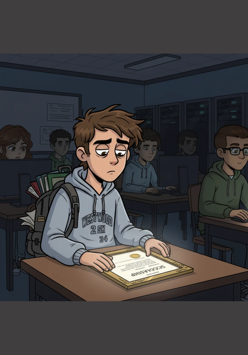Caleb sits in the dimly lit computer lab, surrounded by the hum of servers and the focused expressions of his peers. His eyes are fixed on a framed scholarship letter on his desk, a constant reminder of the immense pressure resting on his shoulders.