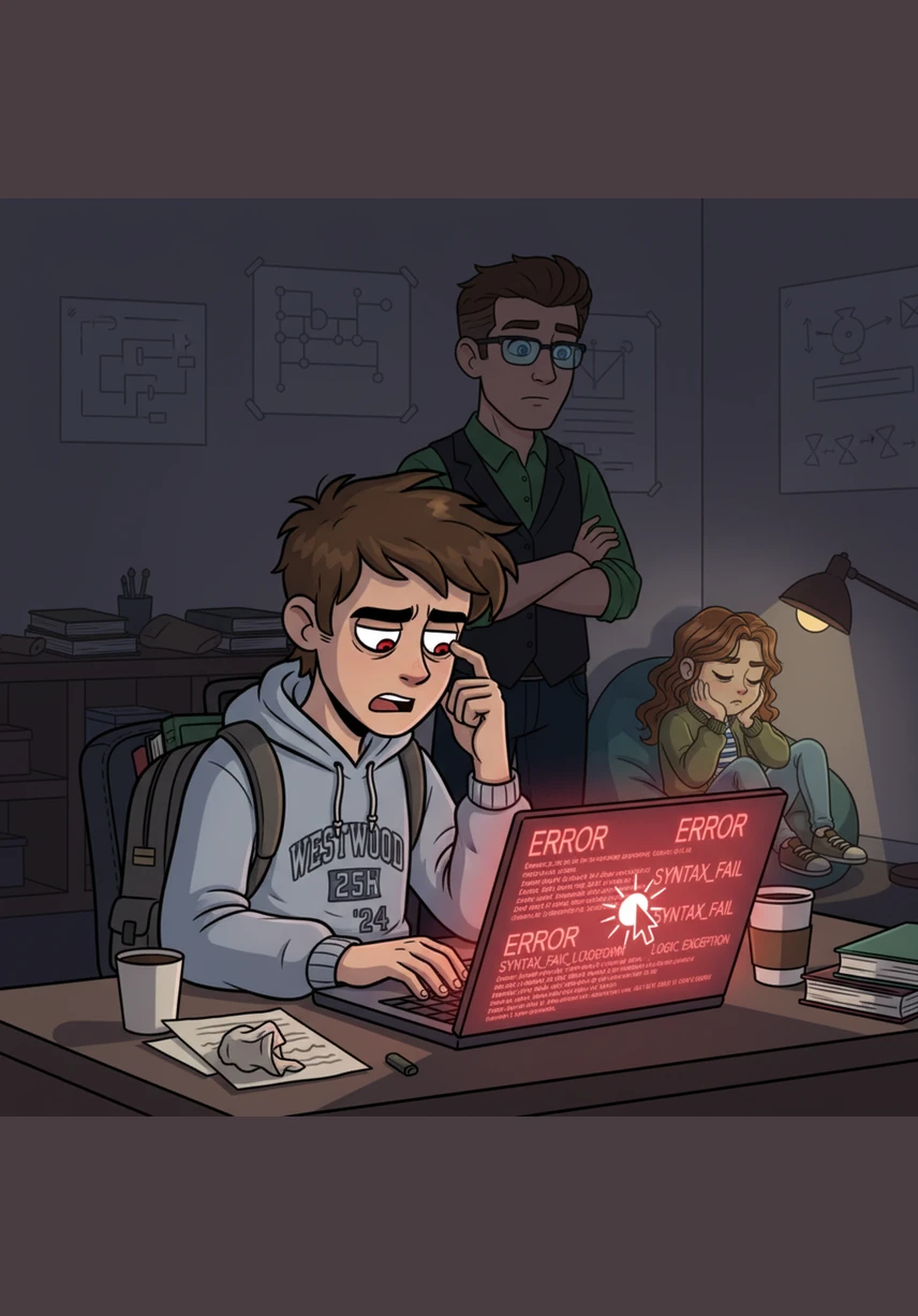 Frustration grows as Caleb’s screen fills with a cascade of red error messages, mocking his every attempt at logic. He rubs his tired eyes, the glowing cursor blinking like a heartbeat in the quiet room while his ambitious AI project remains broken.