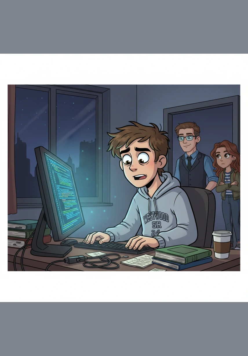 In the early hours of the morning, Caleb discovers a mysterious forum post containing a flawlessly written script called the Perfect Optimizer. The elegant code glows on his monitor, offering a tempting solution to all his technical failures.