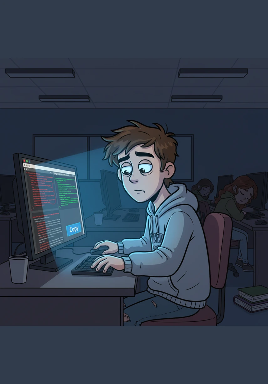 With a trembling hand, Caleb hovers his mouse over the copy button, the blue light of the screen reflecting in his wide eyes. He tells himself it is just a small help, then clicks paste, watching as the red errors instantly vanish into a sea of green.