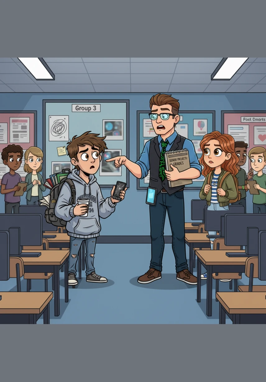 During the class Gallery Walk, Mr. Thorne leans in to examine Caleb’s project, his face lighting up with genuine admiration. The app runs with professional-grade precision, but Caleb stands stiffly, unable to meet his teacher's proud gaze.