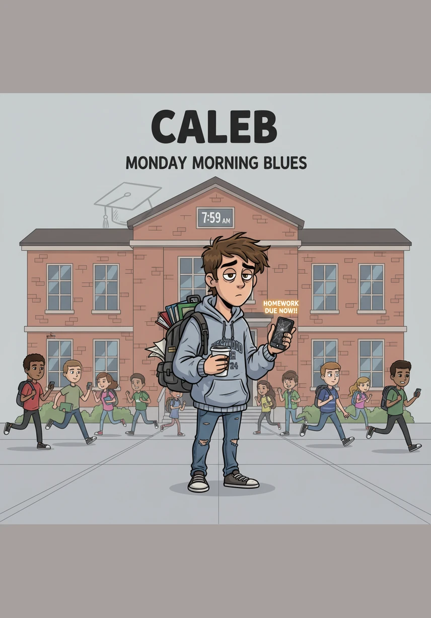 Under a heavy, grey Monday sky, Caleb walks toward the school building with slow, deliberate steps. Instead of heading to his usual class, he turns toward the computer lab, his mind finally made up about what he must do.