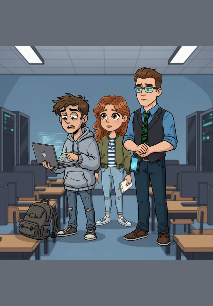 In the quiet lab, Caleb stands before Mr. Thorne and confesses everything, pointing out the stolen lines of code on his laptop. Mr. Thorne listens in silence, his expression shifting from surprise to a somber, disappointed understanding.