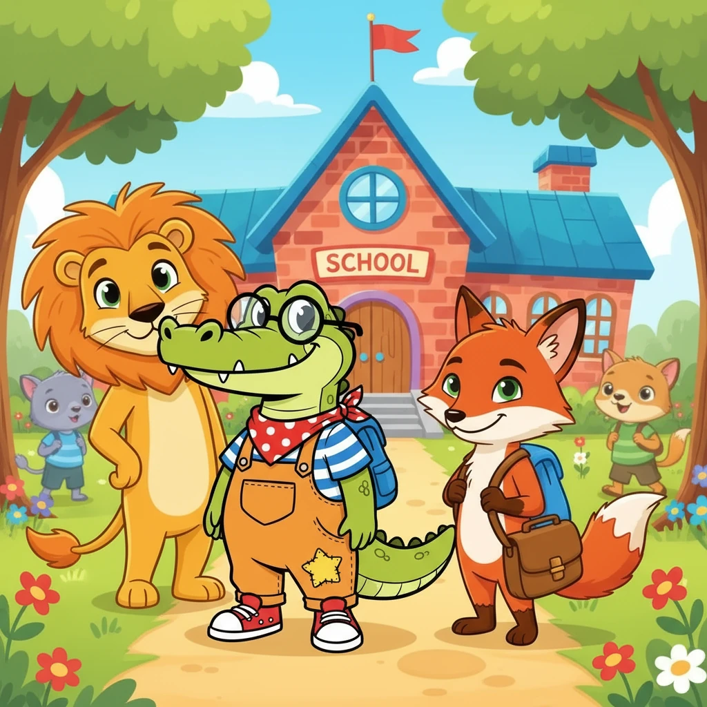 Croc, il coccodrillo con occhiali, era molto emozionato. Era il primo giorno di scuola e si sentiva un po' nervoso. Incontrò subito Leo, un leone con una criniera dorata, e Foxy, una volpe astuta e intelligente.