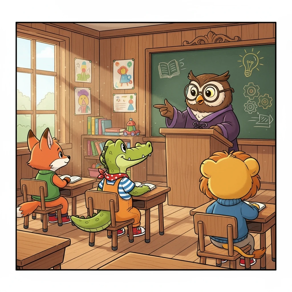 Nella prima lezione, la maestra, una saggia gufo, spiegò l'importanza di imparare. Croc, Leo e Foxy ascoltavano attentamente, pronti ad affrontare nuove sfide. Il loro obiettivo era imparare insieme e divertirsi.