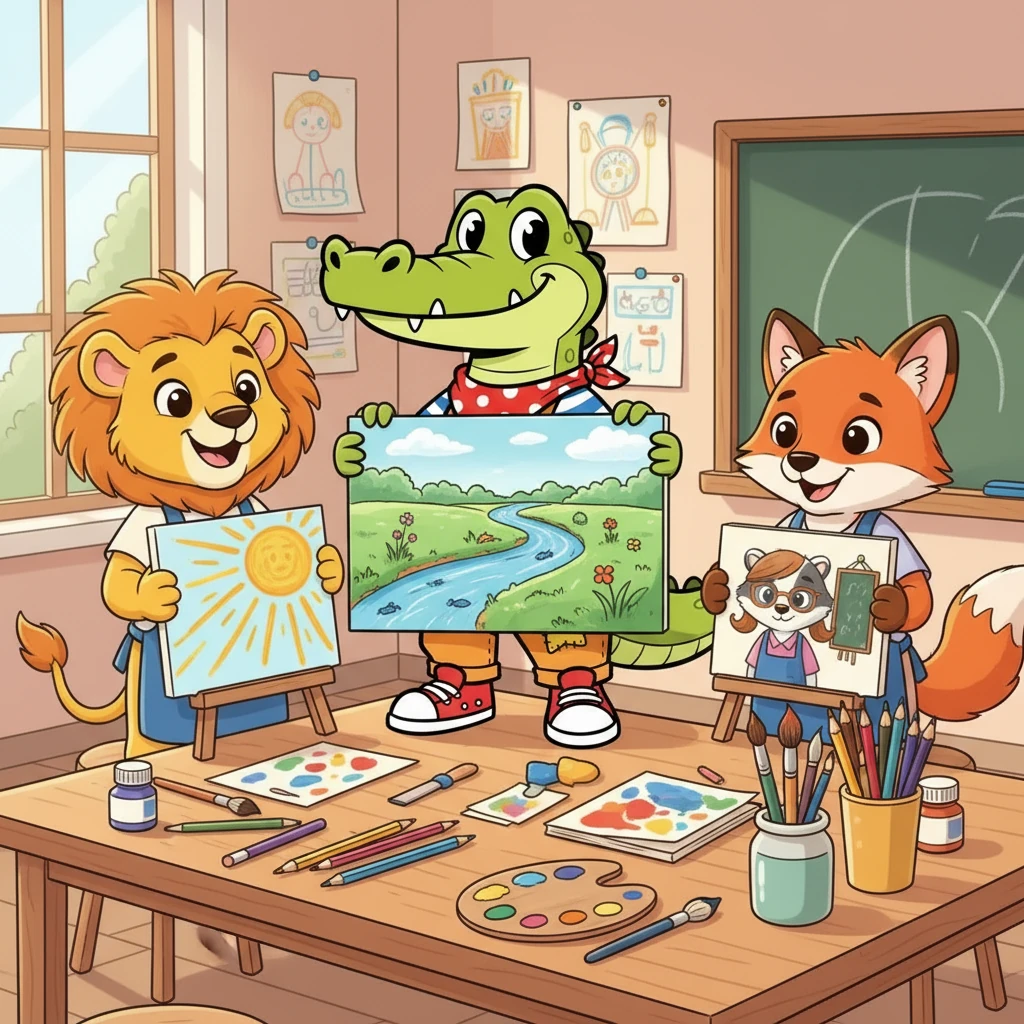 Nell'ora di disegno, i tre amici crearono dei capolavori colorati. Croc dipinse un bellissimo fiume, Leo un sole splendente e Foxy un ritratto della maestra. Erano orgogliosi dei loro lavori.