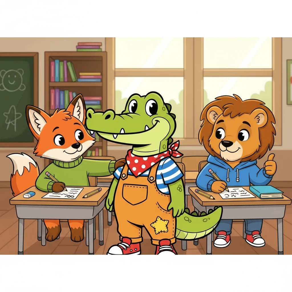 Un giorno, ci fu un'importante verifica. Croc, Leo e Foxy si sentirono un po' preoccupati, ma si ricordarono di aver studiato insieme. Si incoraggiarono a vicenda e affrontarono la prova con coraggio.