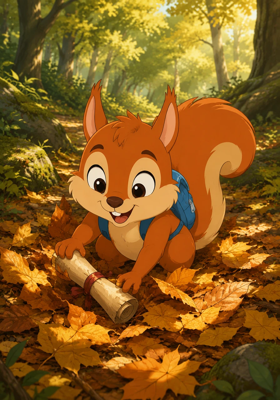 Deep inside the sun-dappled Whispering Woods, a lively little squirrel named Sammy was foraging for his morning snack. Beneath a pile of crunchy, golden autumn leaves, his tiny paws brushed against something unusual—a rolled-up piece of weathered parchment tied with a faded red ribbon.