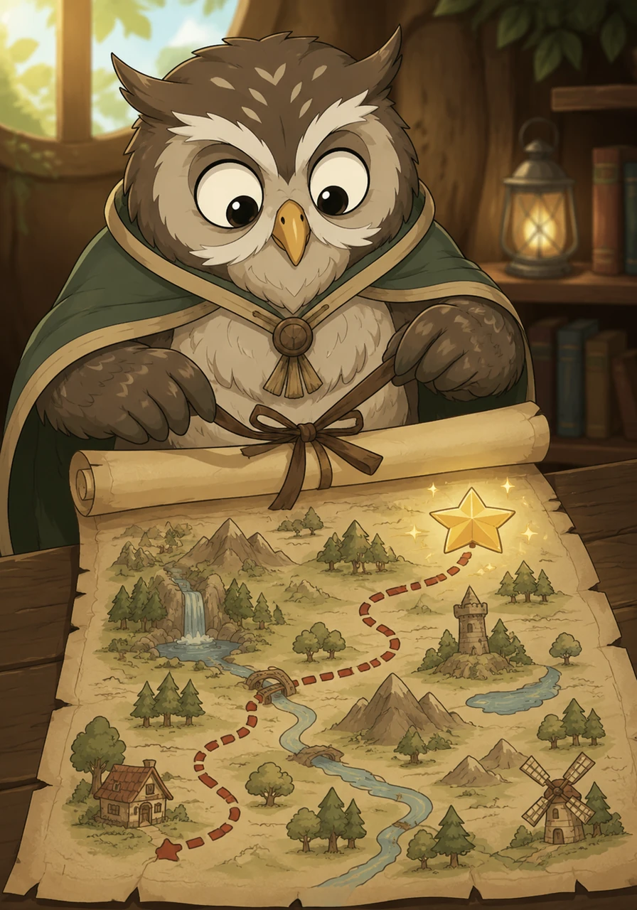 With wide, curious eyes, Sammy carefully untied the ribbon and unrolled the mysterious paper to find a beautifully detailed treasure map. A dotted red line wound past familiar landmarks, leading all the way to a giant, glittering star marked 'The Golden Acorn.'