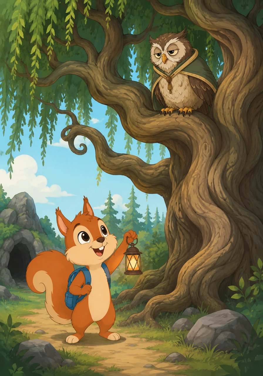 By afternoon, Sammy reached the base of the ancient, twisted Whispering Willow, just as the map had instructed. High up in the branches, a wise old owl peered down, blinking slowly before hooting a friendly riddle that pointed Sammy toward the hidden rocky caves.