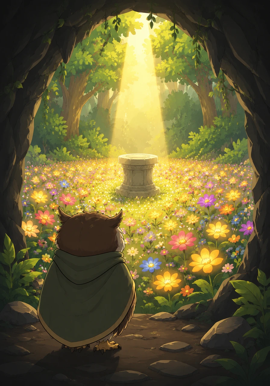 Emerging from the cave, Sammy found himself in a breathtaking, hidden meadow completely filled with glowing, magical wildflowers. In the very center of the meadow stood a solitary, ancient pedestal bathed in a single, perfect beam of golden afternoon sunlight.