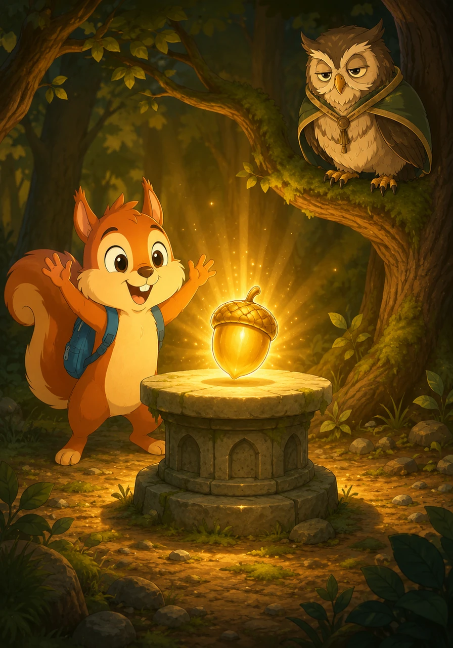 Sammy scampered eagerly to the pedestal and gasped in absolute wonder at what rested on top. There it was—the legendary Golden Acorn, radiating a warm, beautiful light that filled the entire clearing with a cozy, comforting glow.