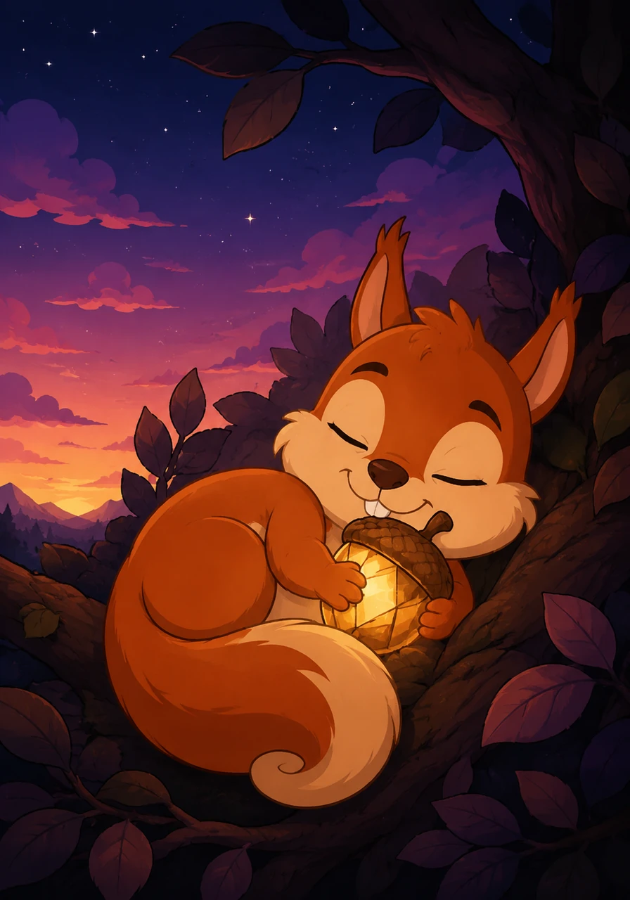 Cradling the magnificent prize in his paws, Sammy realized that the journey itself was the greatest treasure of all. As the sun began to set, painting the sky in shades of pink and purple, the tired but happy little squirrel curled up beneath the stars, dreaming of his next big adventure.
