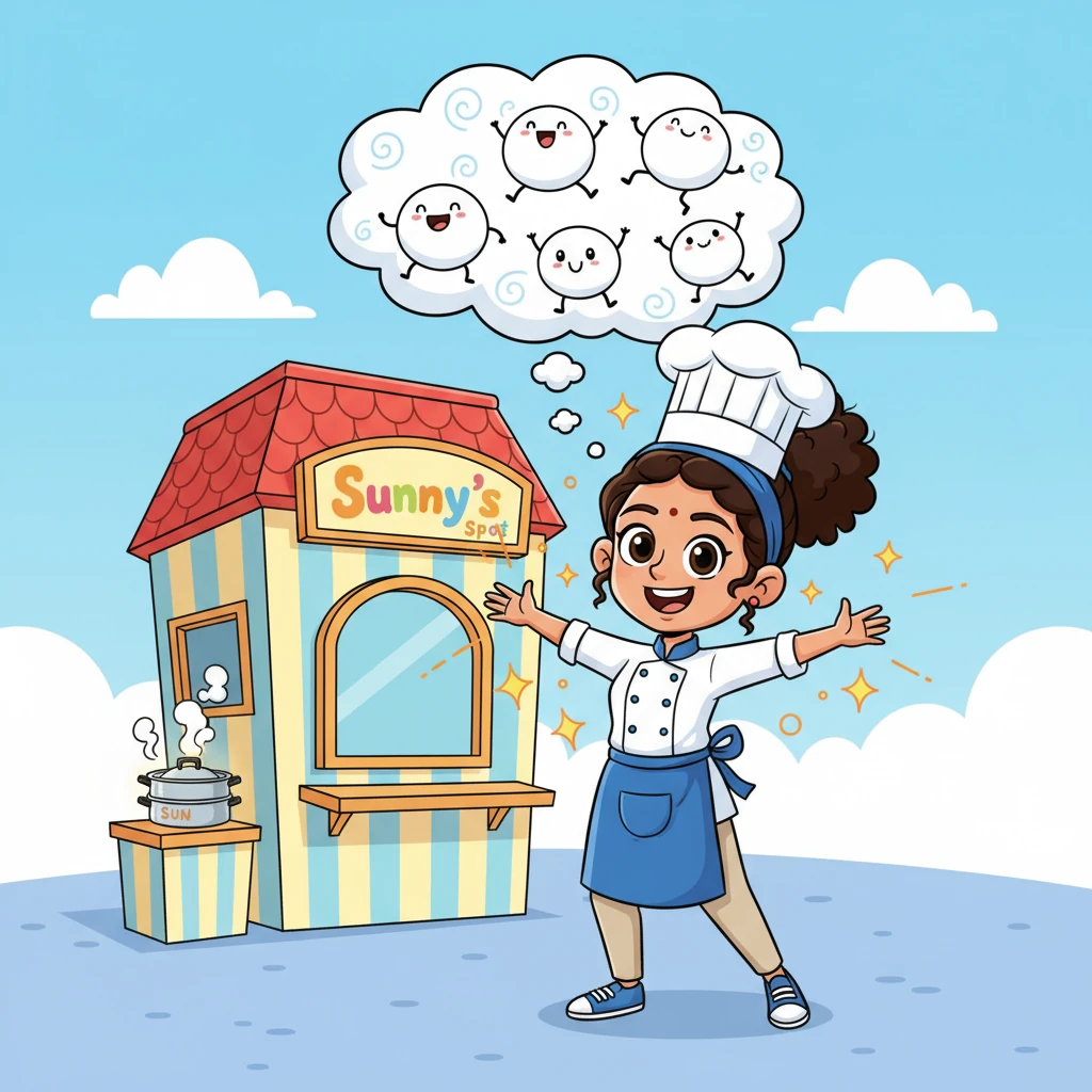 Chef Sunny, a cheerful woman with a tall chef's hat, beams as she stands in front of her brand-new, brightly colored cafe, "Sunny's Idli Spot." Sparkles of excitement radiate from her as she dreams of all the delicious, fluffy idlis she'll make for her happy customers. A little cloud bubble above her head shows various whimsical idli shapes dancing joyfully.