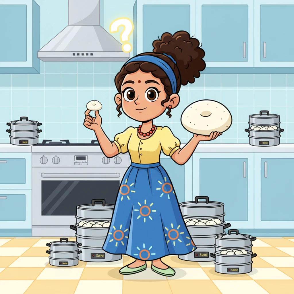 Inside her sparkling kitchen, Chef Sunny scratches her head, a big question mark floating above her. She needs an Idli steamer, but how to choose the perfect one from "Sun Brand"? She holds up a tiny idli, then a huge one, wondering how many she'll need to make every single hour to keep her cafe buzzing.
