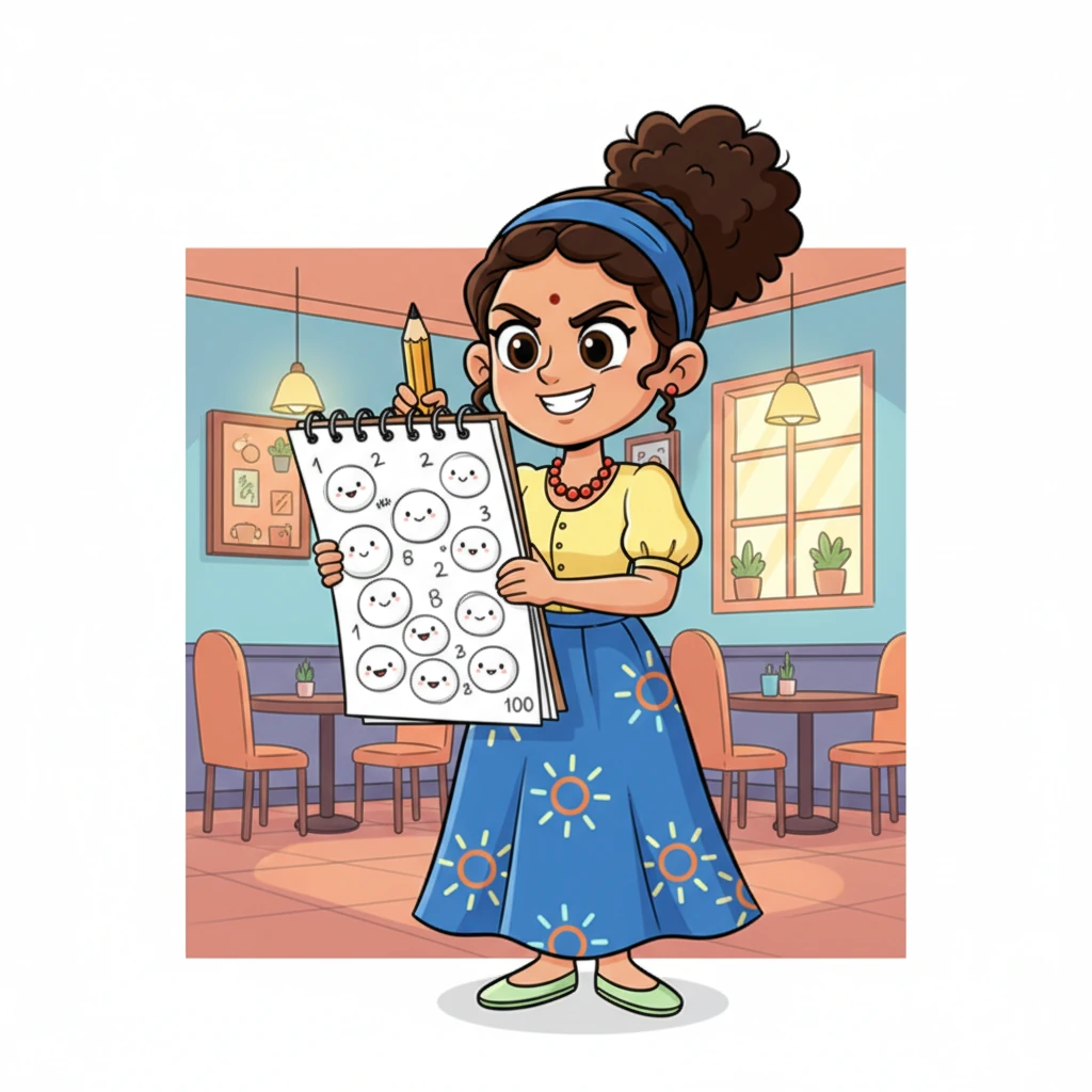 With a determined grin, Chef Sunny pulls out a giant notepad and a pencil almost as big as she is. She sketches funny little idli characters filling up her imagined cafe, happily counting "one, two, three... a hundred idlis per hour!" Her eyes sparkle as she calculates her exact idli needs.