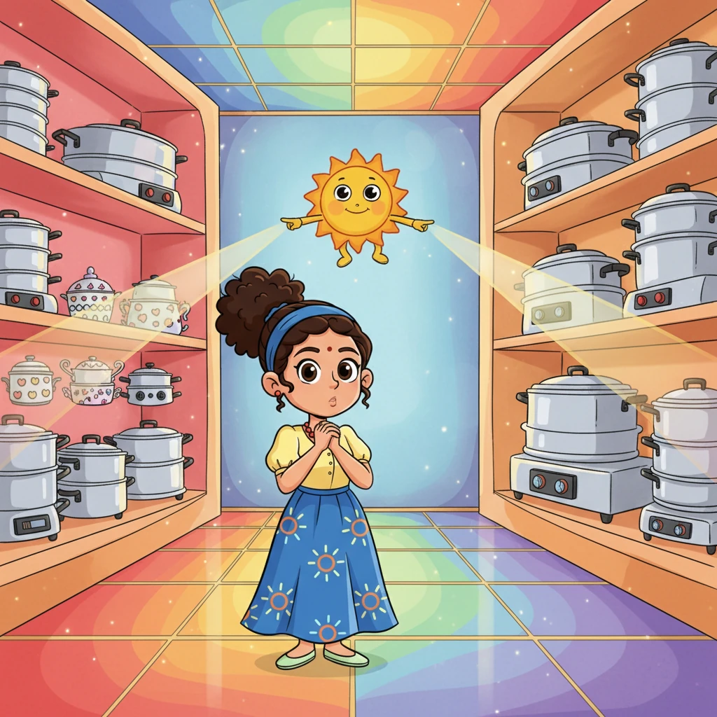 Chef Sunny steps into the magical "Sun Brand" showroom, a rainbow-colored space filled with gleaming steamers. A friendly, sun-shaped mascot with a big smile greets her, pointing to two distinct sections: one with smaller, daintier steamers and another with grand, robust ones. It's time to pick the right size!